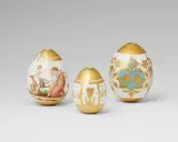 Three porcelain Easter eggs with Neoclassical decor by Imperial Porcelain Manufacture St. Petersburg, sold Apr 2026
