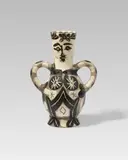 Vase deux anses hautes by Pablo Picasso, 1952, Ceramic jug. White clay, black and grey engobe, partly glazed white and with incised decoration; ceramic, Madoura editio, sold Dec 2025