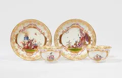 A pair of Meissen porcelain tea bowls and saucers with Hoeroldt chinoiseries in cartouches by Meissen Royal Porcelain Manufactory, sold Nov 2025