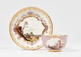A Meissen porcelain tea bowl and saucer with purple ground and ruins in landscapes by Meissen Royal Porcelain Manufactory, sold Nov 2025