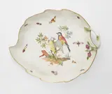 A Meissen porcelain leaf dish from the dinner service with naturalistic birds, insects and gold rim for King Frederick II by Meissen Royal Porcelain Manufactory, sold Jun 2025