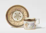 A Berlin KPM porcelain cup with a seasonal allegory and saucer by Königliche Porzellanmanufaktur Berlin Kpm, Model no. 809. Painted with four figures flying over a rainbow. Blue sceptre mark with enamel blue dash above. A fine ca, sold Jun 2025