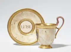 Leonhard Posch, An important Berlin KPM porcelain cup with a portrait of Queen Luise, Bell-shaped cup with swan handle and saucer with marble ground. Blue sceptre mark with enamel blue dash above, red painter's mark. Cup H