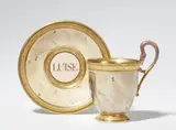 Leonhard Posch, An important Berlin KPM porcelain cup with a portrait of Queen Luise, Bell-shaped cup with swan handle and saucer with marble ground. Blue sceptre mark with enamel blue dash above, red painter's mark. Cup H