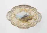 A Berlin KPM porcelain tray with a Mediterranean landscape in 'weichmalerei' by Königliche Porzellanmanufaktur Berlin Kpm, Unidentified model. Blue sceptre mark, red imperial orb mark, impressed mark, golden 12... and blue enamel 90. H 19.3, W, sold Jun 2025