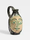 Pablo Picasso, Femme du barbu, 1953, Ceramic jug. White clay, black, green, light brown and grey engobe, partially glazed and with engraved decoration; ceramic, Madoura edition