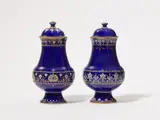 Sèvres, Two Sèvres porcelain blue ground "Vase Indou" vases, Red and black stamped mark RF, S.91 in black, engraved AV 90 12 PN, enamelled blue painter's mark. H