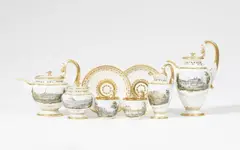 Meissen Royal Porcelain Manufactory, A Meissen porcelain tête à tête with views of Saxony in a fitted case