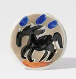 Petit cheval no. 61 by Pablo Picasso, 1963, Ceramic plate. White clay with brown, black and grey engobe, partly with blue and white enamel; ceramic, Madoura edition, sold Jun 2024