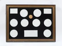 Bertel Thorvaldsen, Two frames with 25 porcelain reliefs by Bertel Thorvaldsen, Framed under glass. Ebonised and bronze painted softwood frames, H 68, W