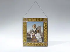 Louis Ammy Blanc, "The Church-Goer" after Louis Ammy Blanc, Painting on glass framed by eight smaller panes with Gothic style tracery in camaieu. Signed lower left "Anna Schwechten 1864". H 40.5, W