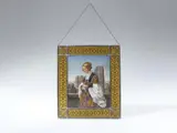 Louis Ammy Blanc, "The Church-Goer" after Louis Ammy Blanc, Painting on glass framed by eight smaller panes with Gothic style tracery in camaieu. Signed lower left "Anna Schwechten 1864". H 40.5, W