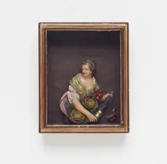 Caspar Bernhard Hardy, The Coquettish Gardener
Or, The Summer, Coloured wax, gilt softwood, glass. One small fruit sprig loose, losses and retouches to the frame. H display case 23, W