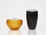 Giorgio Vigna, Two 'Fonte' vases
Venini & C., Murano, Giorgio Vigna, 1997., Clear glass with yellow / amethyst coloured underlay, matte etched and cut. Inscribed on the base "venini 97". H 15.5 and