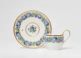 A Berlin KPM porcelain cup and saucer with morning glories by Königliche Porzellanmanufaktur Berlin Kpm, Model no. 1308. Blue sceptre mark with blue enamel dash below, 21 in red, incised marks. H cup 7, D saucer, sold Apr 2023