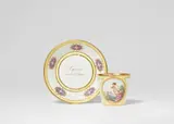 A Berlin KPM porcelain cup and saucer "L'Espérance nourrit l'Amour" by Königliche Porzellanmanufaktur Berlin Kpm, Model no. 1186. Blue sceptre mark with blue enamel dash below, 6 in brown, pressnummers. H cup 6.1, D saucer, sold Apr 2023