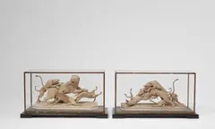 Benedikt Fruth, Two terracotta hunting groups:
Three Dogs with a Lion and Three Dogs with a Lioness, Under glass on ebonised wood plinths. Both groups c. H 14, W 26.5, D