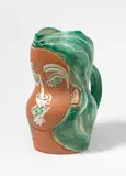 Visage de femme by Pablo Picasso, 1953, Ceramic jug. White clay with green, red-brown, white and blue engobe painting and incised decor, glazed; ceramic, Madour, sold Jun 2022