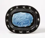 Colombe brillante by Pablo Picasso, 1953, Oval ceramic plate. White clay, blue, black and white engobe painting with incised decor. Glazed; ceramic, Madoura editi, sold Jun 2022