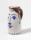 Chope visage by Pablo Picasso, 1959, Ceramic jug. White clay, white glazed with blue and brown decor as well as incised decor; ceramic, Madoura edition, sold Jun 2022