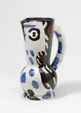 Cruchon hibou by Pablo Picasso, 1955, Ceramic jug. White clay, white glazed, with black, blue and brown decor as well as incised decor; ceramic, Madoura editi, sold Jun 2022