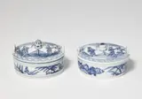 Two Meissen porcelain butter dishes with rare underglaze blue Chinoiserie decor by Meissen Royal Porcelain Manufactory, sold May 2022