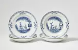 Six Meissen porcelain dinner plates with rare underglaze blue Chinoiserie decor by Meissen Royal Porcelain Manufactory, sold May 2022