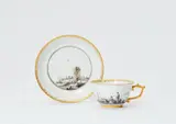 A Meissen porcelain cup and saucer with merchant navy scenes in black camaieu by Meissen Royal Porcelain Manufactory, sold May 2022