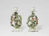 Derby Porcelain Factory, A pair of rare Derby porcelain candlesticks with birds