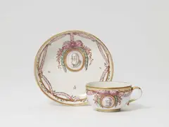 A Nymphenburg porcelain cup and saucer with three portraits by Nymphenburg, offered May 2022