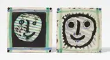 Pablo Picasso, Masque und Masque, 1956, 2 ceramic tiles. White clay with blue, green, white, and black engobe painting. Partly glazed, partly oxydized with paraffin Each; ceramic, Madoura edition