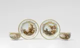 Meissen Royal Porcelain Manufactory, Two Meissen porcelain cups and saucers with scenes after Jean de La Fontaine
