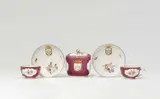 Meissen Royal Porcelain Manufactory, Five items of Meissen porcelain with purple ground and heraldic decor