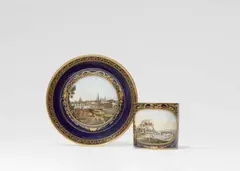 Meissen Royal Porcelain Manufactory, A Meissen porcelain cup with a view of Meissen and saucer with a view of Dresden