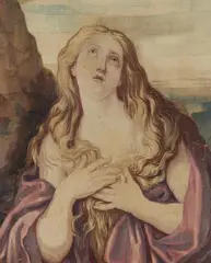 Guido Reni, An woven tapestry panel with the penitent Mary Magdalene, Wool and silk tapestry depicting a demi-figure in a landscape. With later frame H 85.5, W