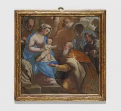 Luca Giordano, A reverse glass painting with the Adoration of the Magi, Reverse glass painting in a giltwood surround. Frame H 38, W