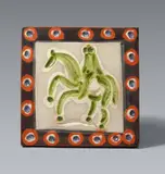 Cavalier et Cheval by Pablo Picasso, 1968/1969, Ceramic tile. Red clay, painted, with relief decor and partly glazed; ceramic, Madoura edition, sold Jun 2021