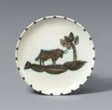Taureau sous l'arbre by Pablo Picasso, 1952, Ceramic plate. White clay, partly with black engobe painting in paraffin technique and partly glazed; ceramic, Madoura e, sold Jun 2021