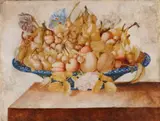 Cherries, Pears, Apricots, and other Fruit and Flowers in a Blue and White Porcelain Bowl by Octavianus Montfort, offered Jun 2021