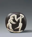 Danseurs by Pablo Picasso, 1956, Convex ceramic plaque. White clay with relief decor, partly with brown engobe painting and glazed; ceramic, Madoura edit, sold Dec 2020