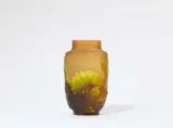 A Gallé "Soufflé aux nénuphars" vase by Cristallerie Émile Gallé, Matte etched glass with a high relief depiction of a waterlily pond. With etched relief "Gallé" signature. H, sold Nov 2020