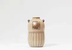 Jean Luce, A double-handled stoneware vase, Salt glazed stoneware with black and gold decor. Painted mark JL in a square. H