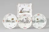 Nymphenburg, A Nymphenburg porcelain dish and three plates with green landscapes