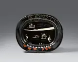 Pablo Picasso, Corrida verte, 1949, Ceramic plate. White clay with black, blue, green, and brown engobe painting, glazed and with incised decor; ceramic, Madoura edition