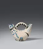 Pablo Picasso, Pinchet espagnol, 1954, Jug with handle. White clay with black and blue engobe painting and knife engraving, partially glazed; ceramic, Madoura edition