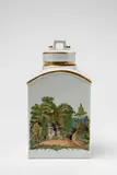 A Gothaer porcelain tea caddy with landscapes of Thuringia by Gothaer Porzellanfabrik, Square tea caddy with original lid, finely painted with rocky landscapes. Rare iron red G mark with an arrow. H, offered Nov 2019