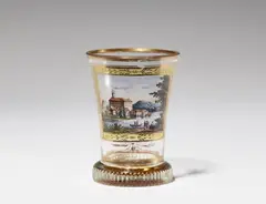 Anton Kothgaßner, A Vienna glass "ranftbecher" beaker with a veduta, Tapering beaker with polychrome enamel and gilding. Decorated with a view of an abbey in a river landscape. Wear to the gilding. H