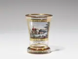 Anton Kothgaßner, A Vienna glass "ranftbecher" beaker with a veduta, Tapering beaker with polychrome enamel and gilding. Decorated with a view of an abbey in a river landscape. Wear to the gilding. H