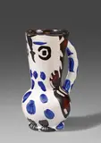 Pablo Picasso, Cruchon hibou, 1955, Ceramic jug. White clay with blue, black, and brown engobe painting, glazed with knife engraving; ceramic, Madoura edition
