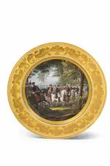 Königliche Porzellanmanufaktur Berlin Kpm, A Berlin KPM porcelain plate with the Prussian King returning from a manoeuvre Teller mit der Rückkehr des preußischen Königs vom Manöver